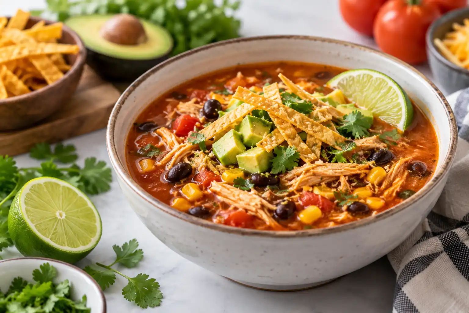 Delicious bowl of Chicken Tortilla Soup with toppings